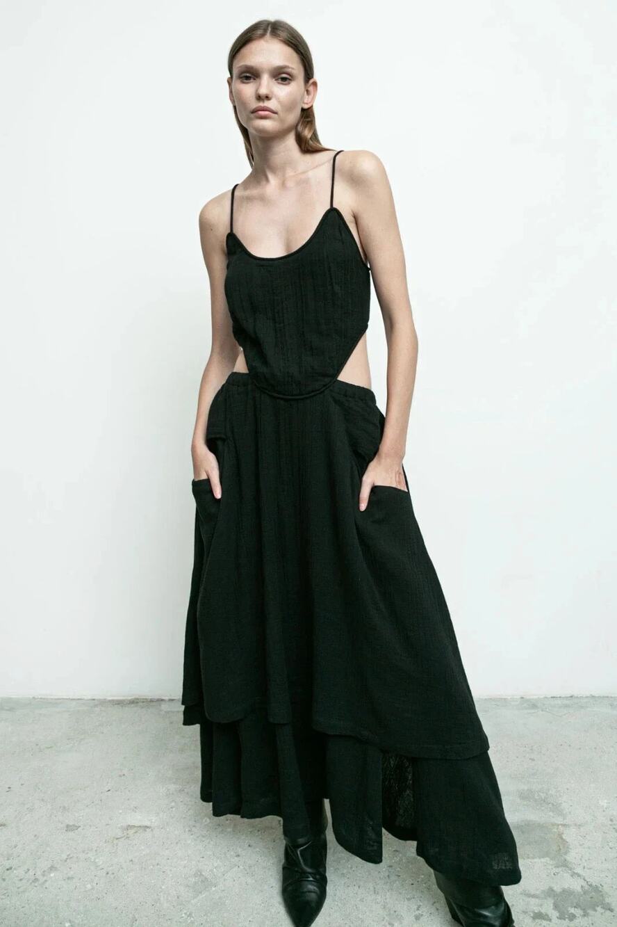 NICHOLAS K Bianca Dress L Black Cotton Cutout Side Open Back Tiered Skirt NWT